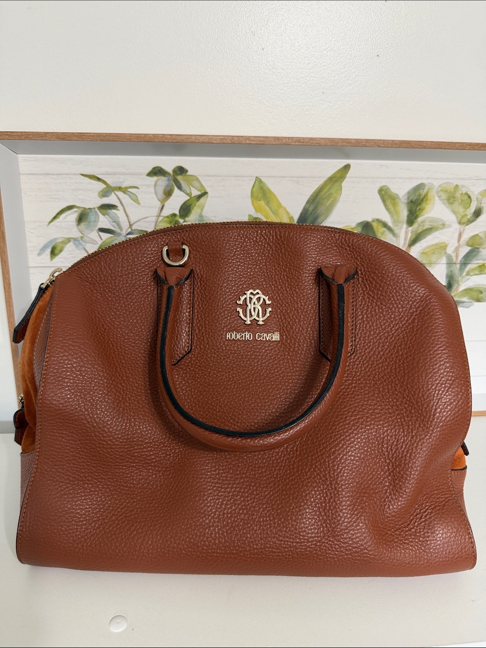 Roberto Cavalli Chestnut Brown Pebbled Leather Satchel with Gold Hardware